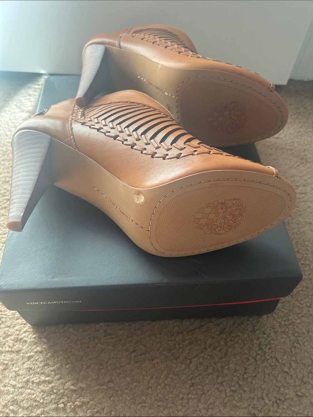 Vince Camuto Tan Woven Peep-Toe Stiletto Booties - Picture 4 of 7